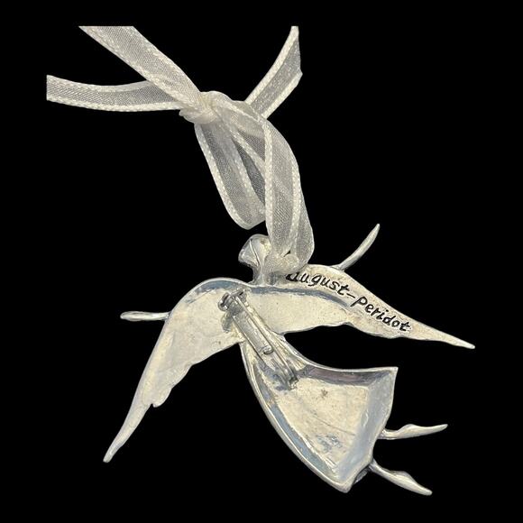 Birthstone Pewter Angel BROOCH PIN Ornament 3" Pendant August Peridot Crystal! - Picture 6 of 6